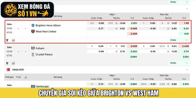 Soi kèo trận đấu giữa Brighton và West Ham chuẩn nhất
