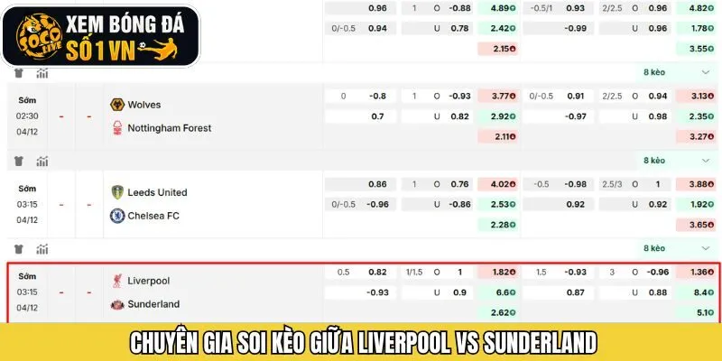 Đánh giá tỷ lệ kèo trước trận Liverpool và Sunderland từ Socolive